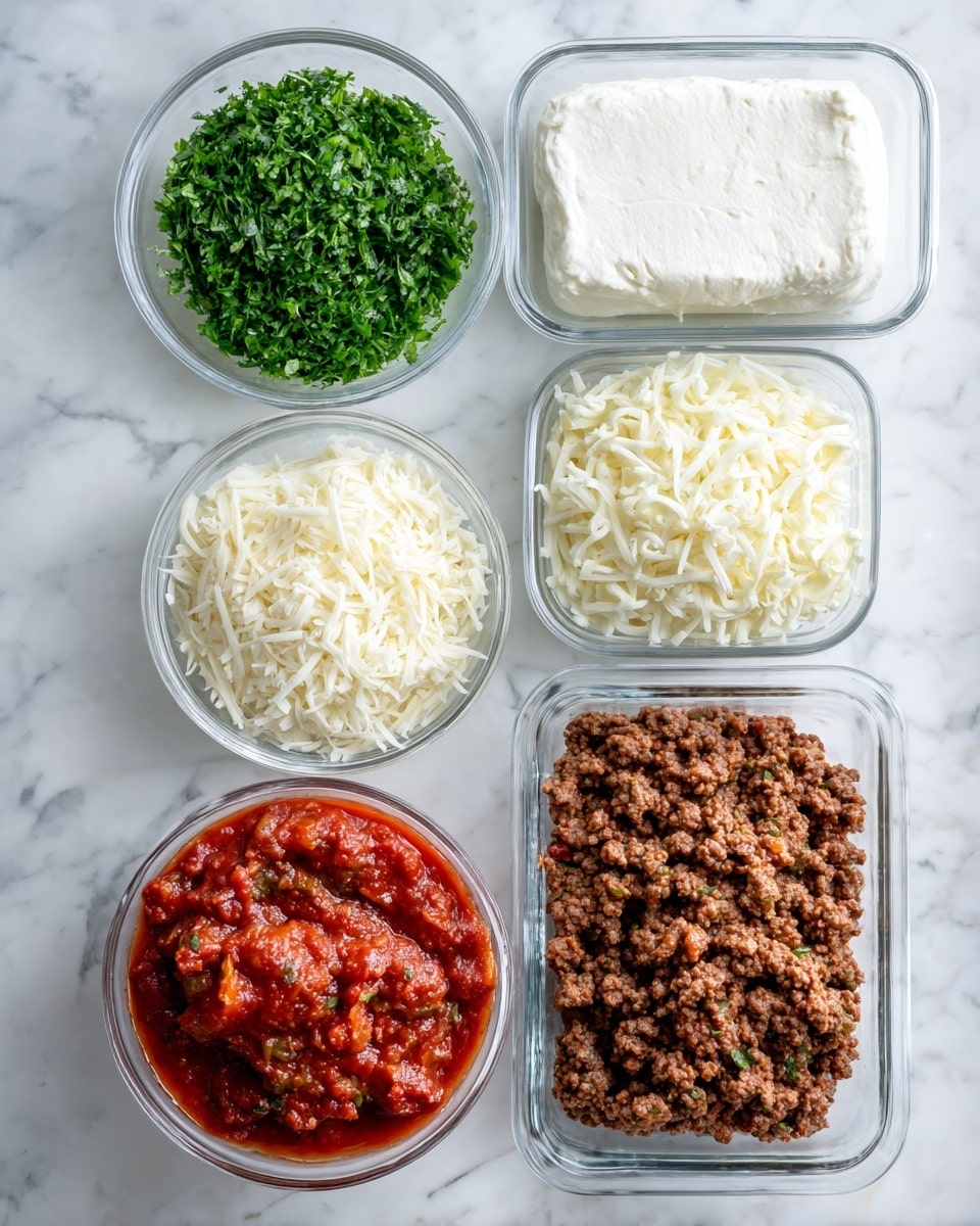 The image shows six clear glass bowls placed on a white marbled surface. Starting from the top left, there is a bowl filled with chopped green herbs, next to it on the right is a larger rectangular glass dish with white ricotta cheese. Below the herbs, there is a round bowl full of shredded white mozzarella cheese, with a smaller bowl to its left filled with grated Parmesan cheese. At the bottom left, there is a bowl of thick red tomato sauce with visible pieces of tomatoes, and to the right is a larger rectangular dish filled with browned, cooked ground beef. All bowls have smooth, clean textures and bright, natural colors. Photo taken with an iphone --ar 4:5 --v 7