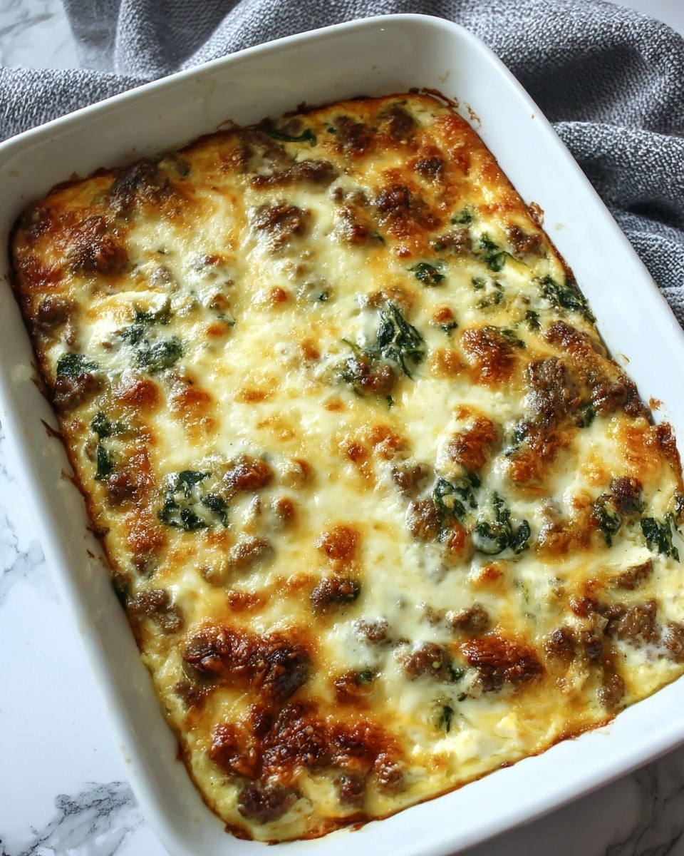 The image shows a close-up of a white rectangular baking dish filled with a creamy baked casserole. The top layer is golden-browned melted cheese with small browned spots, covering bits of green leafy vegetables and chunks of browned meat throughout. The texture on the cheese looks bubbly and slightly crispy in places. The dish sits on a white marbled surface with part of a gray cloth visible underneath. Photo taken with an iphone --ar 4:5 --v 7