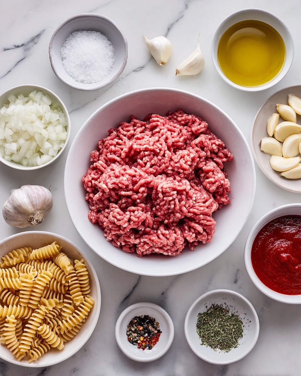 The image shows a white bowl filled with raw ground meat, placed on a white marbled surface. Surrounding the bowl are small white dishes with various ingredients: one with white granulated salt, another with chopped onions, a plate with a thick red sauce, a bowl with uncooked spiral pasta, a dish containing garlic cloves, a small plate with black pepper, a dish with red chili flakes, a white plate holding olive oil, and a small bowl with green dried herbs. All the items are neatly arranged in a loose circle around the main bowl. photo taken with an iphone --ar 4:5 --v 7