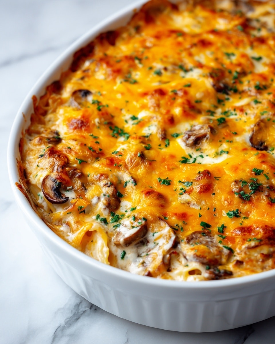 This image shows a close-up of a baked casserole in a large white dish. The top layer is covered with melted bright orange cheese, melted evenly and bubbling in spots. Below the cheese, a creamy mixture with pieces of mushrooms and creamy sauce is visible, mixing with pasta underneath. Sprinkled on top are small green herb bits, adding a fresh contrast to the warm colors. The texture looks soft and inviting, with the cheese slightly crispy at the edges. The casserole is placed on a white marbled surface. photo taken with an iphone --ar 4:5 --v 7