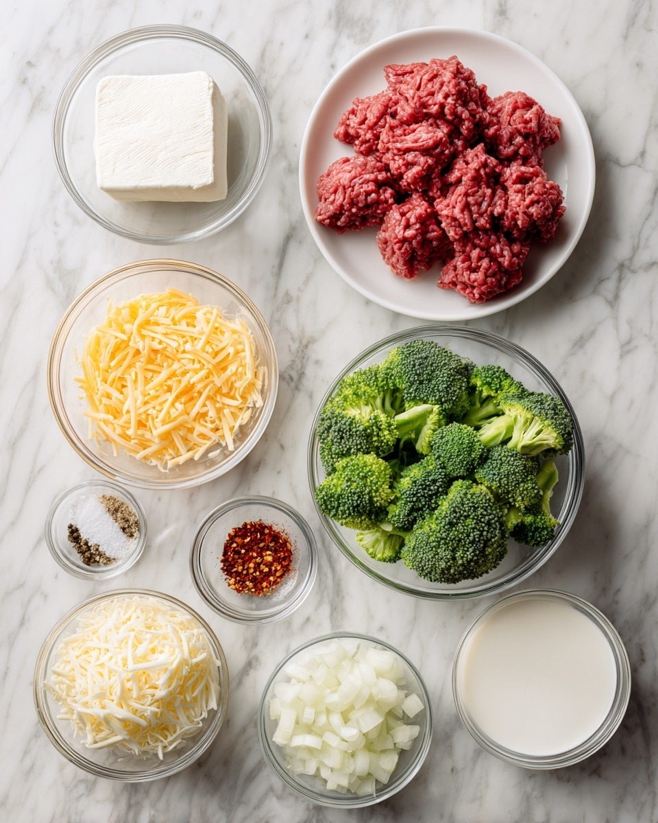 The image shows a white marble surface with eight small clear bowls and one white plate arranged neatly. The top left bowl contains a block of white cream cheese, while next to it is a white plate filled with raw ground beef, deep red in color. To the right, there is a white bowl full of bright green broccoli florets. Below the cream cheese bowl, there is a small clear bowl with shredded light orange cheese. Next to it, slightly below the beef, is a larger clear bowl filled with shredded pale yellow cheese. In the center, a small white dish holds crushed red chili flakes and ground black pepper. Below it to the right, another small clear bowl contains finely chopped white onions, and next to the onions is a smaller bowl of white liquid, possibly cream or milk. The overall arrangement is clean and organized with the ingredients ready for cooking, all set against a white marbled background. Photo taken with an iphone --ar 4:5 --v 7