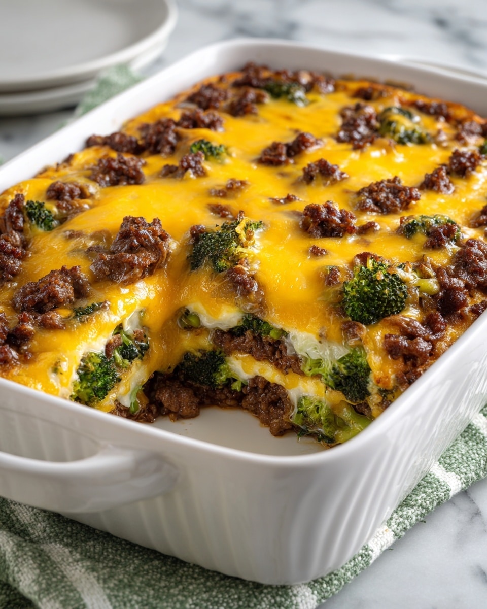 A white dish filled with a layered casserole. The bottom layer has small pieces of dark brown cooked meat mixed with green broccoli florets. On top of this is a thick layer of melted yellow and white cheese that covers the whole surface with a slightly bubbly texture. The dish is sitting on a white marbled counter with a green and white cloth nearby. photo taken with an iphone --ar 4:5 --v 7