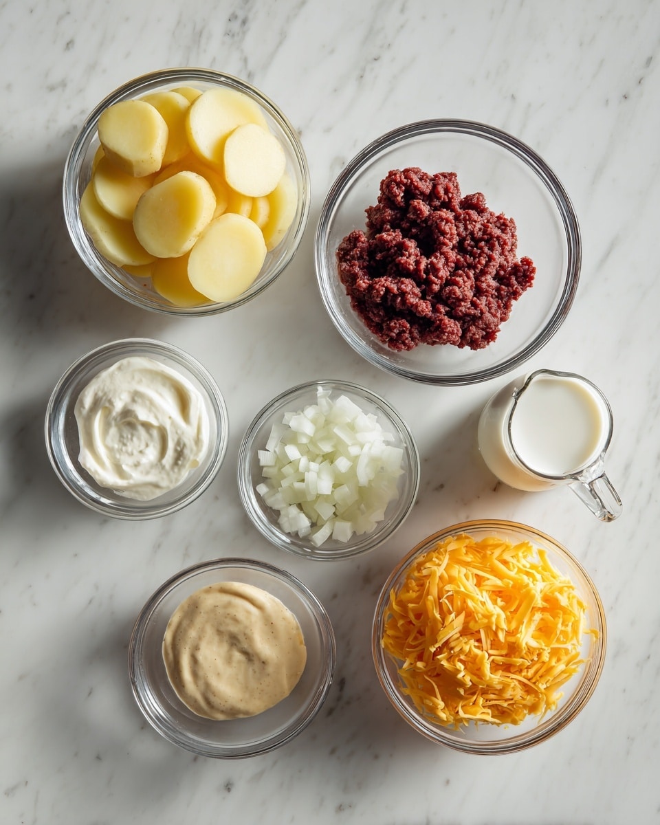 The image shows seven small glass bowls placed on a white marbled surface. Starting from the upper left, there is a medium bowl filled with thin, round slices of potatoes that are a pale yellow color. Next to it is a medium bowl with raw ground meat, dark red and mixed loosely. In the center near the top, there's a small clear bowl of a white creamy sauce, and to its right, a small glass jug filled with milk. Below the jug is a tiny bowl with chopped white onions, and beside that is another small bowl containing a thick, beige sauce. At the bottom center, there is a medium bowl filled with shredded orange cheddar cheese. The bowls are spread out evenly, showing a mix of smooth, creamy, and chunky textures. Photo taken with an iphone --ar 4:5 --v 7