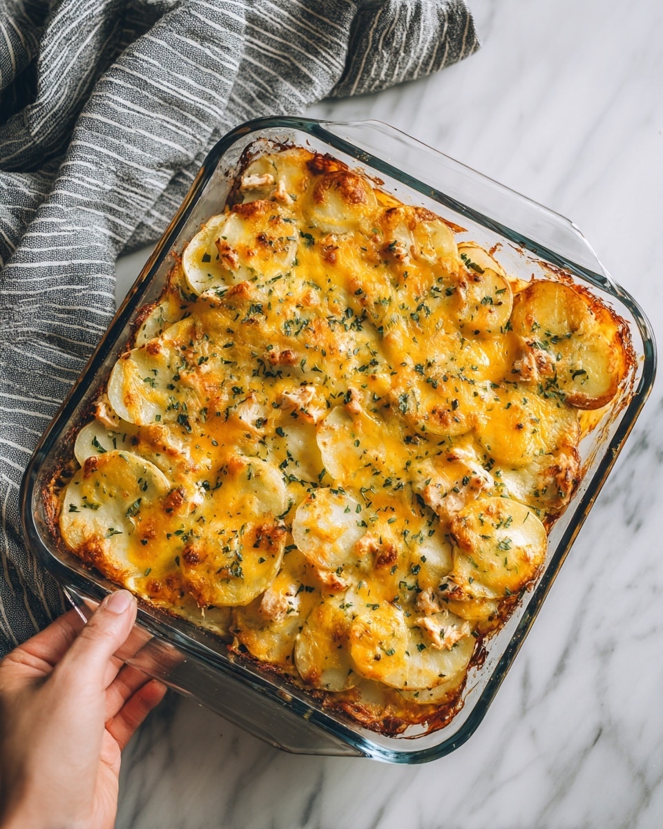 The image shows a clear square glass dish filled with a layered baked casserole. On the top layer, melted golden-yellow cheese covers the entire surface, slightly browned in spots, with some green herbs sprinkled evenly over it. Below the cheese, there are slices of white and light yellow potatoes, thinly sliced and layered closely together. Small bits of cooked chicken with a light brown color peek through in spots under the cheese. The dish is placed on a white marbled surface with a gray-striped cloth on the left side, and a woman’s hand is holding the edge of the dish. Photo taken with an iphone --ar 4:5 --v 7