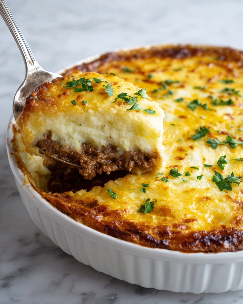 A white square dish filled with a baked rice casserole showing three layers: the bottom layer is soft rice dotted with cooked ground meat, the middle layer is a mix of more rice and meat, and the top layer is melted bright orange cheese sprinkled with chopped green herbs. A silver spoon lifts a scoop of the casserole, showcasing the creamy texture and the garnished cheese on top. The dish sits on a white marbled surface with a blurred background of a cloth napkin. photo taken with an iphone --ar 4:5 --v 7