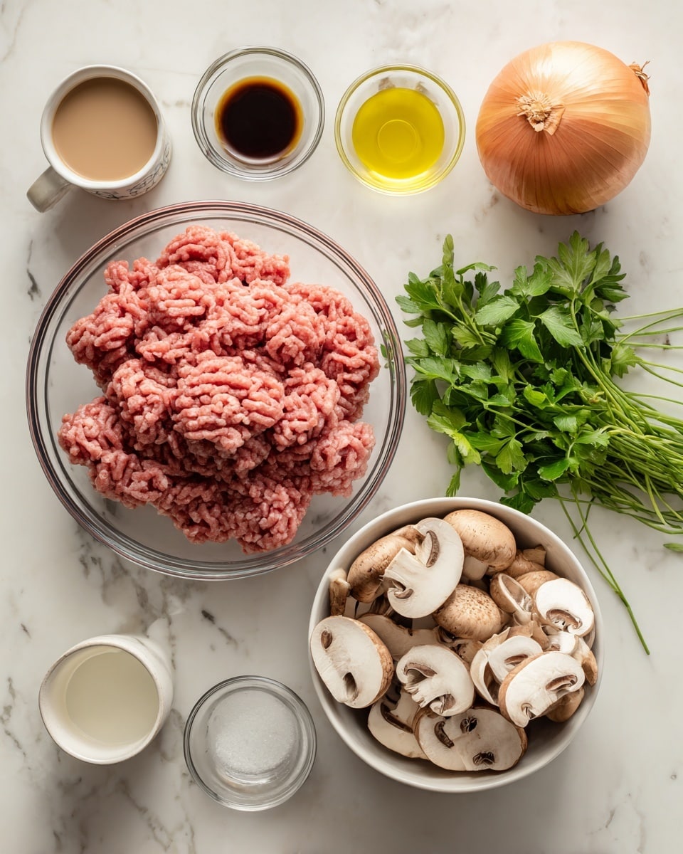 The image shows a white marbled surface with several ingredients laid out neatly. In the center, there is a clear glass bowl filled with raw ground meat that is reddish-pink and has a soft, textured look. To the lower right, there is a white bowl filled with sliced brown and white mushrooms showing their soft, smooth texture. Near the top right, there is a whole round onion with an orange-brown skin sitting beside green leafy herbs. Above the meat, there are three small clear bowls, one with a dark brown liquid, another with light yellow oil, and the third with a white creamy substance. On the upper left side, there is a white cup with a light brown liquid and another small white container with a yellow liquid inside. The overall scene is bright and organized, with the ingredients looking fresh and ready for use. photo taken with an iphone --ar 4:5 --v 7