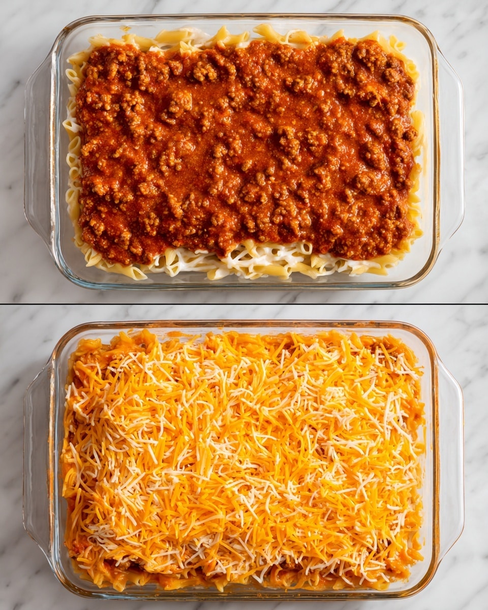 A clear glass rectangular dish holds a two-layer pasta dish placed on a white marbled surface. The first image shows a bottom layer of soft, white cooked pasta covered evenly with a thick layer of reddish-brown meat sauce with visible small chunks of onion and tomato. The second image shows the same base layers topped generously with a bright orange shredded cheese layer that spreads across the surface, slightly mixing with the sauce underneath. Photo taken with an iphone --ar 4:5 --v 7