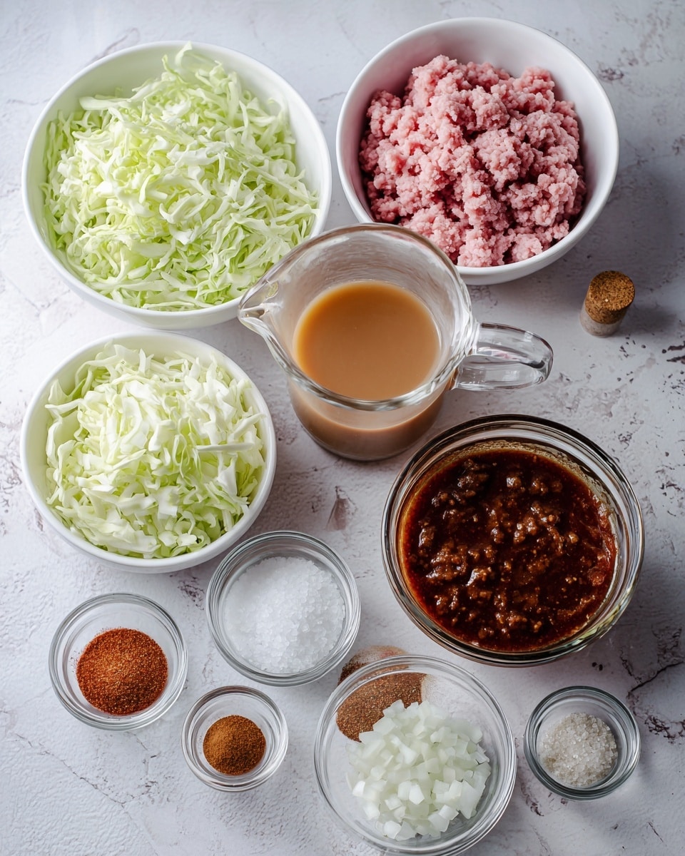 The image shows several white bowls and glass jars placed on a white marbled surface. One bowl holds finely chopped pale green cabbage, while another contains pink ground meat. A larger bowl has a dark red sauce with thick texture. There is a clear glass jug filled with light brown liquid positioned near a small bowl of finely chopped white onion. Several small glass containers hold different spices and seasonings, including a reddish-brown powder and white salt. The arrangement is neat and all the bowls are white. photo taken with an iphone --ar 4:5 --v 7
