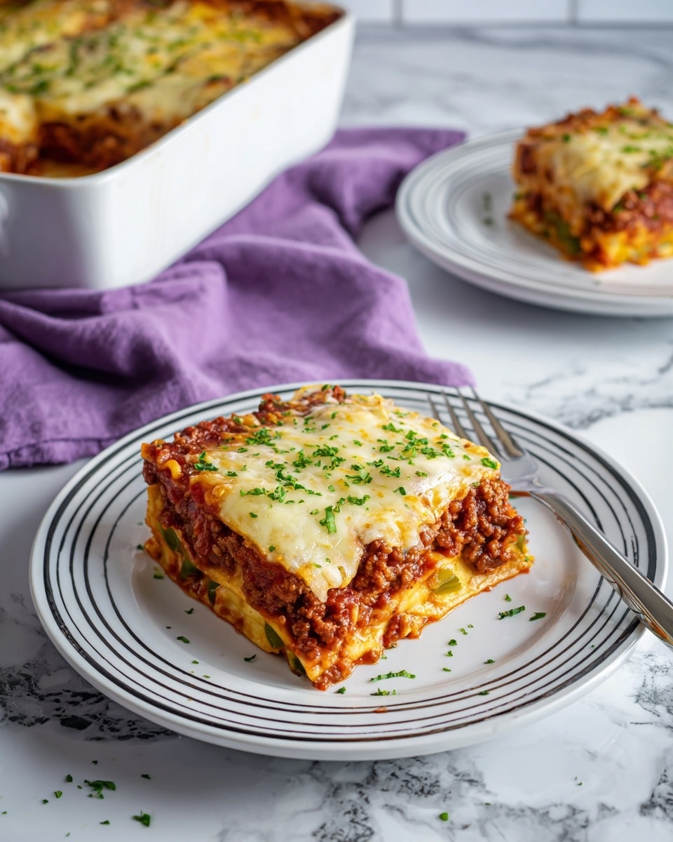 A square piece of lasagna is on a white plate with black lines around the edge, showing three visible layers: a bottom layer of cooked green vegetable pieces, a thick middle layer of red sauce mixed with ground meat, and a thick top layer of melted yellow and white cheese sprinkled with small green herbs. The lasagna square has slightly browned cheese edges and a fork is placed on the plate, resting beside the lasagna. Behind the plate, there is a white baking dish with the rest of the lasagna and a purple cloth next to it on a white marbled surface. Another white plate with a piece of lasagna is blurred in the background. Photo taken with an iphone --ar 4:5 --v 7