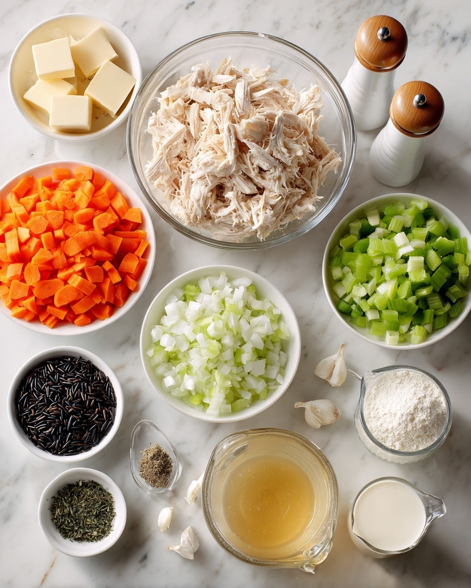 The image shows several white bowls and glass containers arranged on a white marbled surface, each holding different cooking ingredients. In the center, there is a clear glass bowl filled with shredded light beige cooked chicken. Surrounding it are white bowls with bright orange chopped carrots, pale green chopped celery, and finely chopped white onions. A small white bowl holds pale yellow cubes of butter, while another white bowl contains black wild rice grains. Nearby, there are small metal containers with minced garlic and dark dried herbs. A small white cup holds white flour. On the lower right, a clear glass measuring cup contains thick white cream, and another clear glass container is filled with light yellow chicken broth. Two tall salt and pepper shakers with wood tops stand near the top of the image. The overall setup is neat and bright, showing a variety of fresh ingredients on a clean white marbled surface. photo taken with an iphone --ar 4:5 --v 7