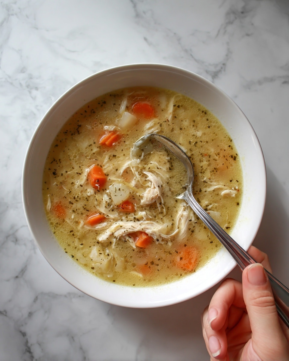 This image shows a white bowl filled with a soup that has several visible layers. The soup has a light yellow broth with small herbs and spices floating in it. There are shredded pieces of white chicken spread evenly throughout the soup. Sliced orange carrots and small chunks of a light beige ingredient, likely potatoes, sit in the broth. A silver spoon is resting in the bowl, with a woman's hand holding it from the upper right side. The bowl is placed on a white marbled surface. Photo taken with an iphone --ar 4:5 --v 7