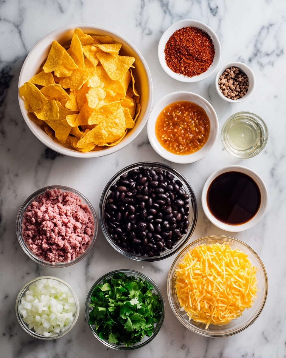 The image shows a white marbled surface with several small clear bowls arranged neatly. Starting from the top left, there is a large white bowl filled with yellow corn chips. Moving right, smaller bowls contain red chili powder, minced garlic, and a dark brown sauce. Below these, a bowl with an orange, chunky salsa, and next to it a small cup of clear liquid. Further right, a bowl with white chopped onions. At the bottom left side, there is a bowl with chopped green cilantro, a bowl of pinkish ground meat, a bowl filled with shredded yellow cheese, and a small bowl with dark red sauce. In the center, the largest bowl holds shiny black beans. All bowls are placed on a white marbled background. photo taken with an iphone --ar 4:5 --v 7