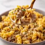 Creamy Ground Beef and Mushroom Stroganoff Over Pasta Recipe