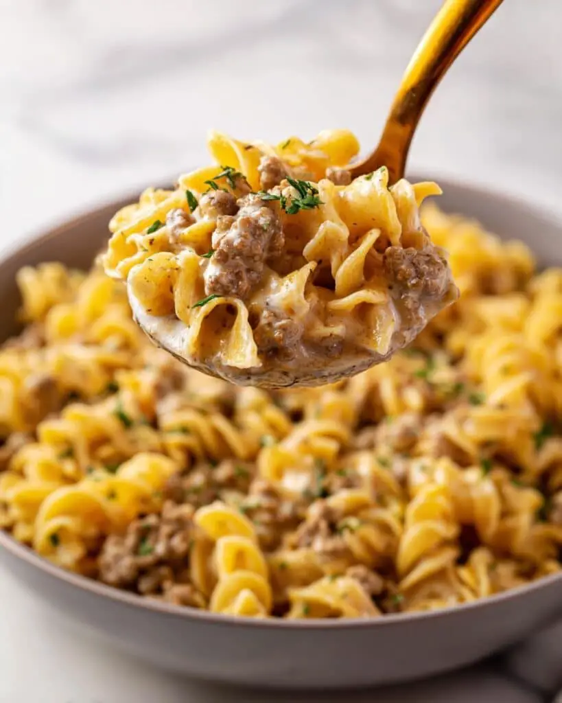 Creamy Ground Beef and Mushroom Stroganoff Over Pasta Recipe