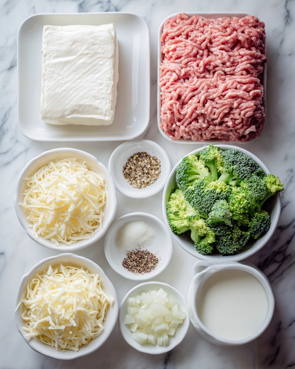 The image shows a white marbled surface with various fresh ingredients neatly arranged in white containers. In the middle is a block of raw ground meat with a pinkish-red color and a soft texture. To the left of it, there is a rectangular white plate holding a thick white block of cream cheese with a smooth surface. Next to that, a small white bowl is filled with shredded light yellow cheese, showing fine thin strands. Below the ground meat, another white bowl holds shredded pale yellow mozzarella cheese. To the right of the ground meat, a white bowl contains bright green broccoli florets with a textured surface. Below the broccoli, there is a small white plate with spices, including coarse brown and black granules, and diced small white onion pieces next to a small white bowl of white liquid, probably cream or milk. The arrangement is clean and organized with clear color contrasts on the white marbled background. photo taken with an iphone --ar 4:5 --v 7