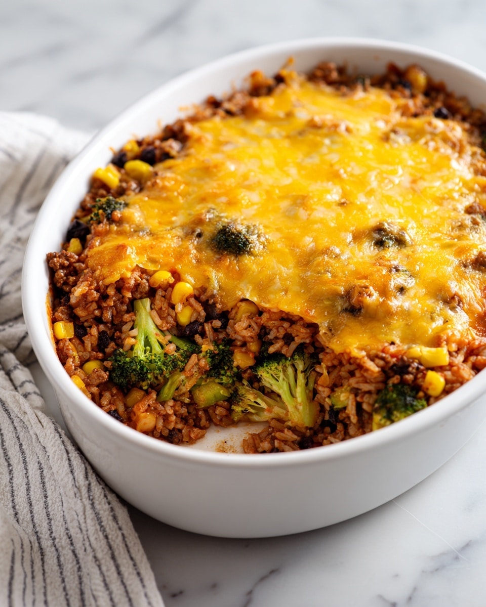 A white oval dish filled with a baked casserole that has three visible layers. The bottom layer is a mix of dark brown cooked rice and small green broccoli pieces spread evenly. The middle layer is a combination of lighter brown bits that look like cooked ground meat mixed with more broccoli, with some yellow corn kernels scattered on top. The top layer is a thick, melted golden-yellow cheese covering the entire dish, with some small browned spots from baking. The dish sits on a white marbled surface and a white and gray striped cloth is visible at the edge. Photo taken with an iphone --ar 4:5 --v 7