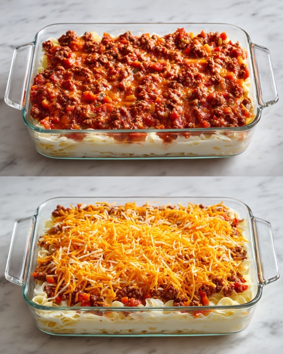 The image shows a two-step view of a layered dish in a clear rectangular glass baking dish. In the first part, a bottom layer of white pasta with a creamy texture is evenly spread, topped by a thick layer of chunky red meat sauce with visible pieces of ground meat and diced vegetables like carrots and onions. In the second part, the same pasta and meat sauce layers are present and generously covered with bright orange shredded cheese scattered all over the top. The baking dish sits on a white marbled textured surface. photo taken with an iphone --ar 4:5 --v 7
