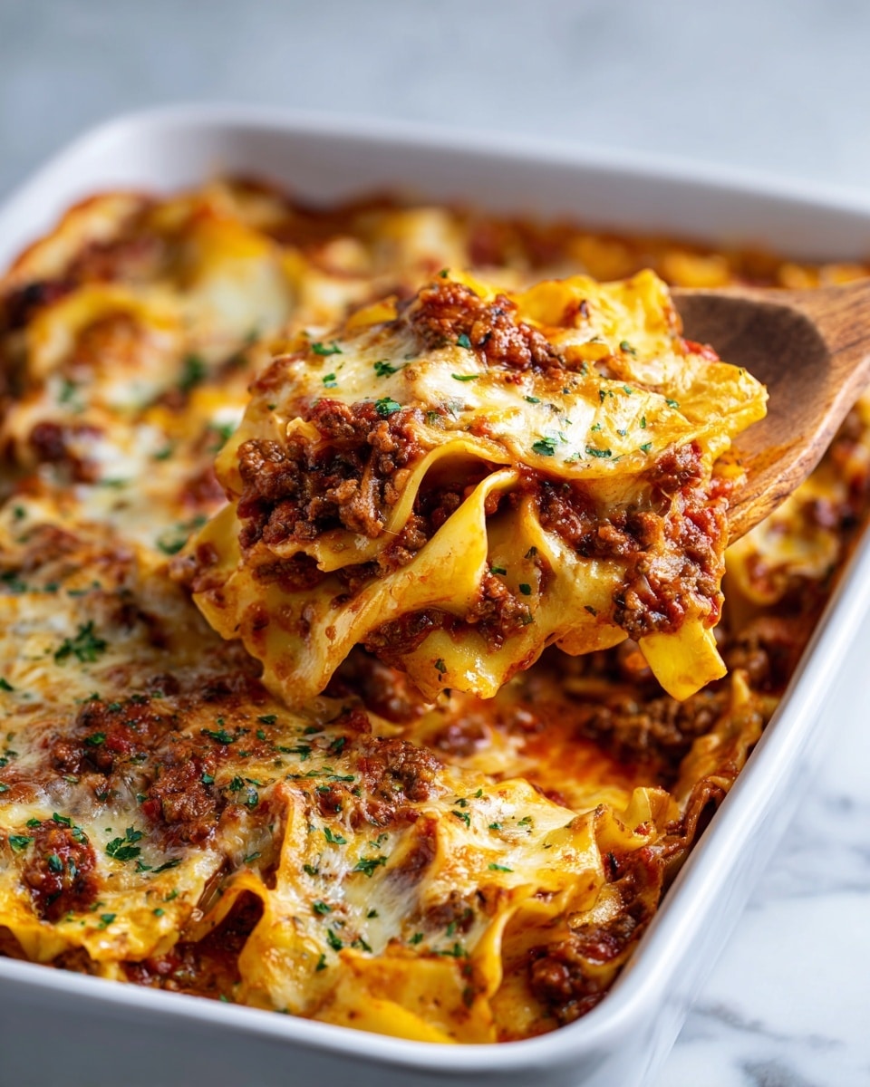 This image shows a baked pasta dish in a white rectangular baking dish on a white marbled surface. The pasta is wide egg noodles mixed with a rich ground beef tomato sauce that is thick and chunky with visible bits of herbs and spices. A layer of melted cheese with light browning covers the top of the dish, giving it a slightly bubbly texture. A wooden spoon lifts up a portion of the pasta from the bottom right corner, revealing layers of noodles, meat sauce, and cheese stacked together. The colors include golden yellow noodles, deep red sauce, and creamy white cheese, with small flecks of green herbs sprinkled evenly on top. Photo taken with an iphone --ar 4:5 --v 7
