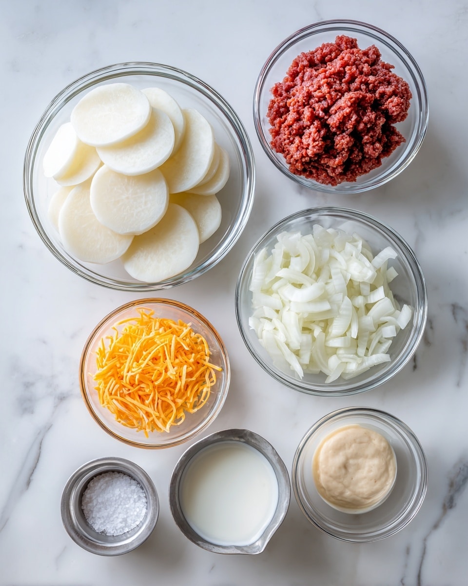 The image shows seven clear glass bowls on a white marbled surface, each holding different ingredients for a dish. The largest bowl on the left contains thinly sliced white potato rounds stacked neatly. Next to it on the upper right is a smaller bowl filled with raw ground beef, deep red in color. Below the ground beef bowl is a smaller bowl with a bright orange shredded cheese. To the right of the cheese bowl is a bowl with chopped white onions. Above the onion bowl is a small clear glass bowl with a beige creamy sauce. To the right of the sauce bowl is a small metal cup filled with white milk. Above the sliced potatoes is a small clear glass bowl with coarse salt. The arrangement has a clean, simple look with ingredients ready for cooking, photo taken with an iphone --ar 4:5 --v 7