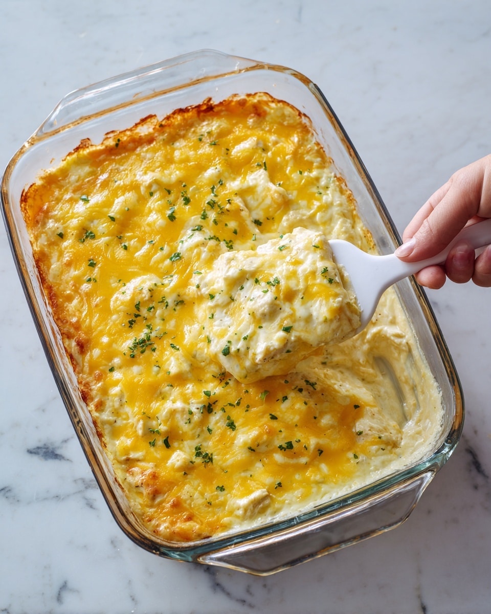 The image shows a clear glass baking dish filled with a baked casserole that has several layers. The bottom layer appears to be a light-colored base, likely chicken and sauce mixed together. On top of this is a thick layer of melted yellow cheese that covers the entire surface evenly, with some small green herbs like parsley sprinkled on top. The cheese layer has a slightly smooth, bubbly texture with visible browning in spots. A woman's hand is holding a white spatula, lifting a cheesy portion from one corner of the dish, revealing the creamy, saucy inside. The dish is placed on a white marbled surface. photo taken with an iphone --ar 4:5 --v 7