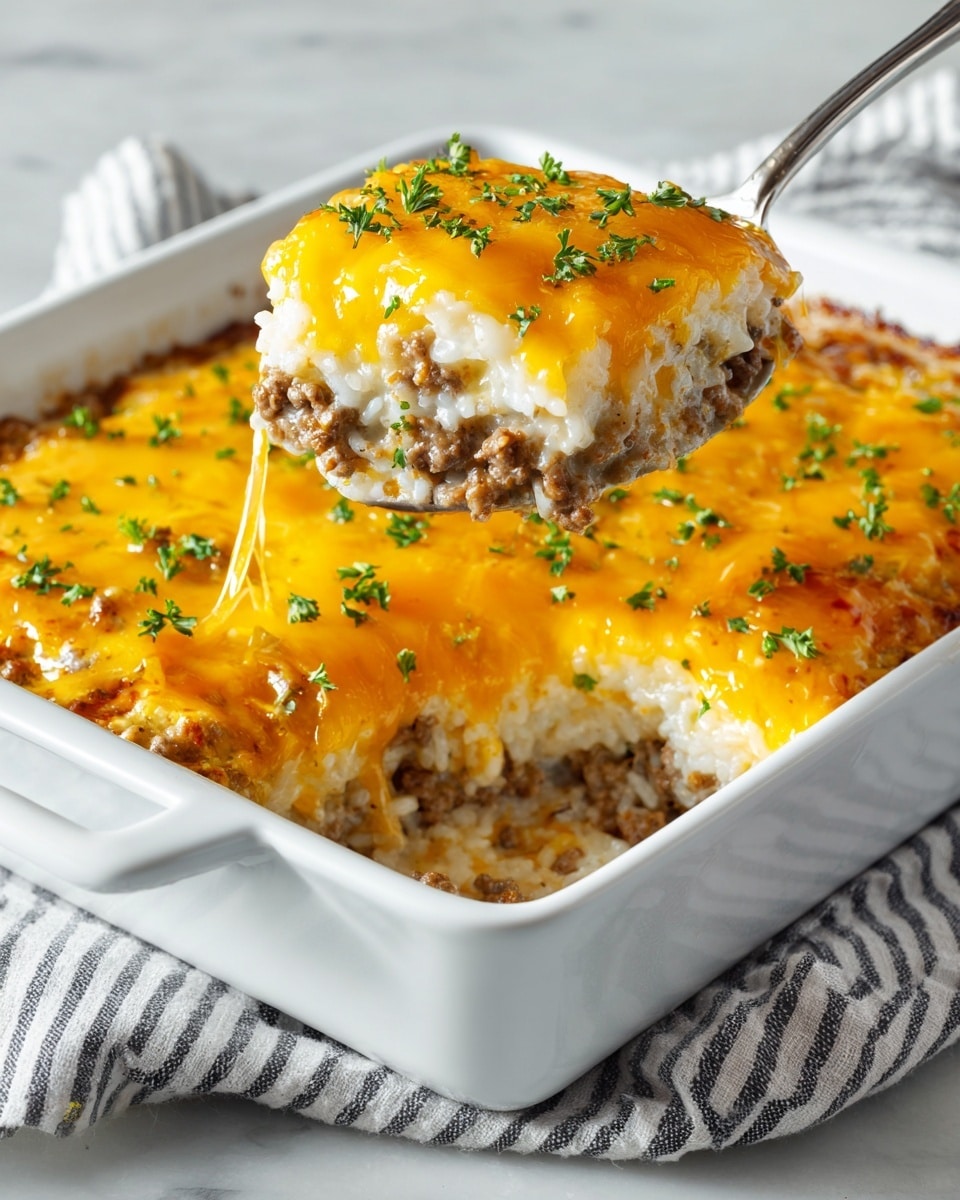 The dish is a baked casserole in a white square dish, with three visible layers: a bottom layer of cooked ground meat mixed with rice, a middle layer of creamy rice, and a top layer of bright, melted orange cheddar cheese sprinkled with small green parsley leaves. A silver spoon lifts a spoonful showing the layers clearly, with the cheese melting over the rice and meat. The dish sits on a white marbled textured surface with a blurry background and a striped cloth on one side, photo taken with an iphone --ar 4:5 --v 7