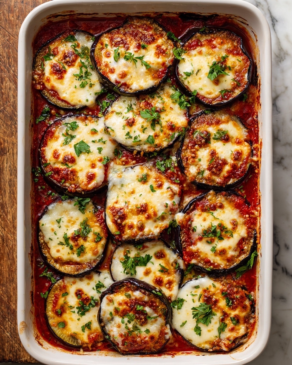 The image shows a white rectangular baking dish filled with round slices of eggplant layered with red tomato sauce and topped with melted golden cheese that has light browning in some spots. The eggplant slices are spread closely together, and some edges are darkened from baking. Fresh green parsley is sprinkled on top, adding a touch of color. The dish sits on a white marbled surface with a wooden texture in the background. photo taken with an iphone --ar 4:5 --v 7
