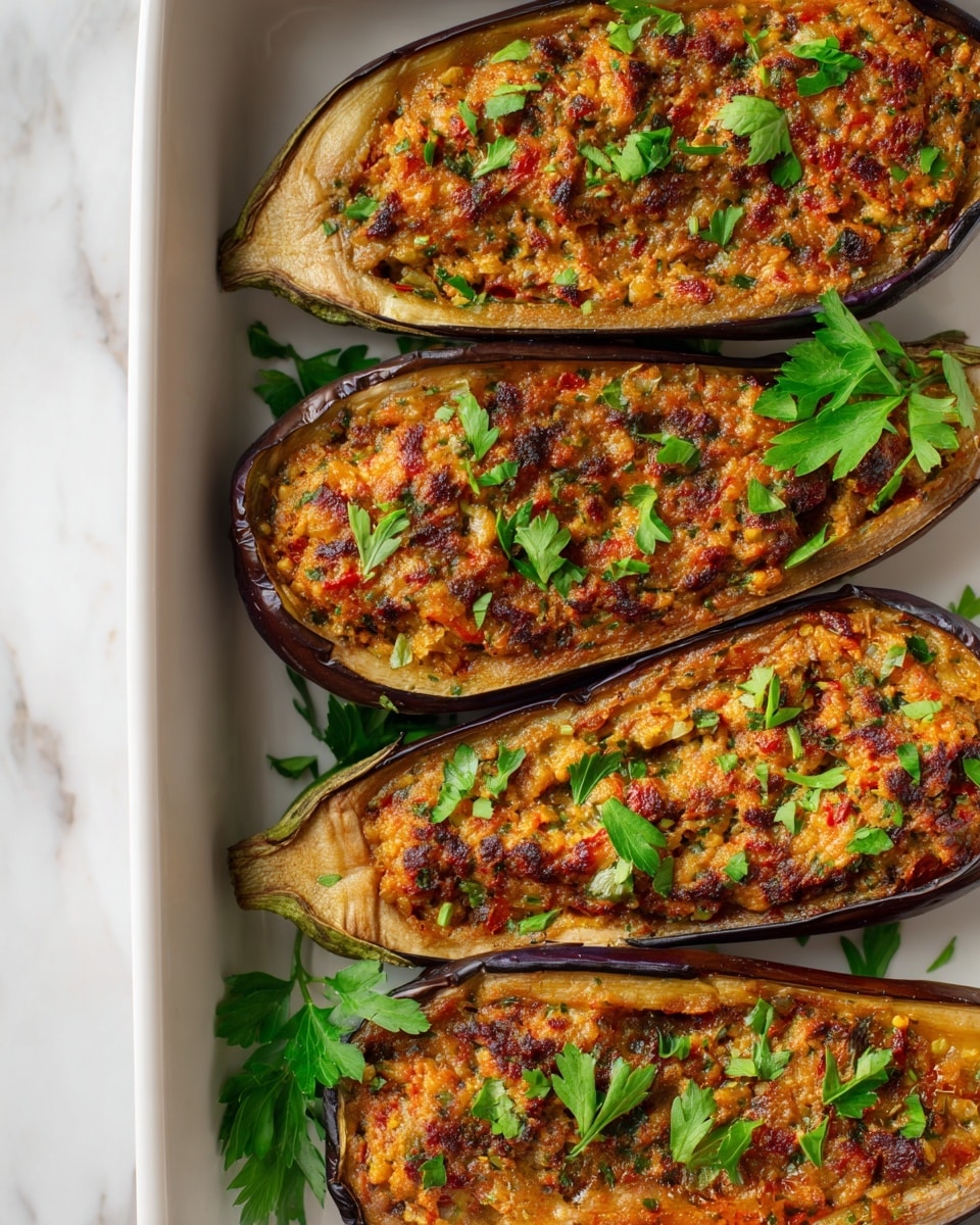 The image shows four baked eggplant halves placed closely in a white rectangular dish on a white marbled surface. Each eggplant half is filled with a textured mixture that has a golden-brown crust on top, sprinkled with fresh green parsley leaves for color contrast. The filling appears rich and savory with reddish and brown tones, slightly crisp and well-cooked, creating a layered look between the purple skin of the eggplants and the browned filling. photo taken with an iphone --ar 4:5 --v 7