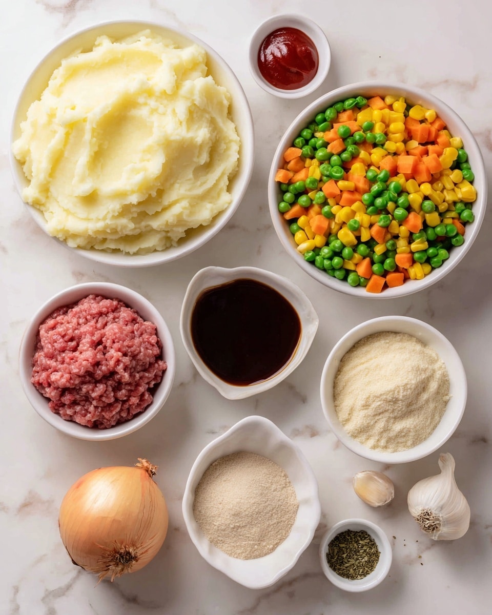 The image shows a white bowl filled with mashed potatoes on the left side, smooth and creamy with a pale yellow color. Next to it on the right is another white bowl full of mixed vegetables including green peas, orange carrots, and yellow corn, all vibrant and fresh looking. Below them, there are four smaller white bowls arranged in a rough square: one with a thick brown sauce, one with raw ground meat in pinkish red, one with a beige powder, and one with a green dried herb mix. Around these bowls, there are a whole onion with light brown skin, a clove of garlic, a small dish of red sauce, and a small container with dark soy sauce. The items are placed on a white marbled surface that looks clean and smooth. Photo taken with an iphone --ar 4:5 --v 7