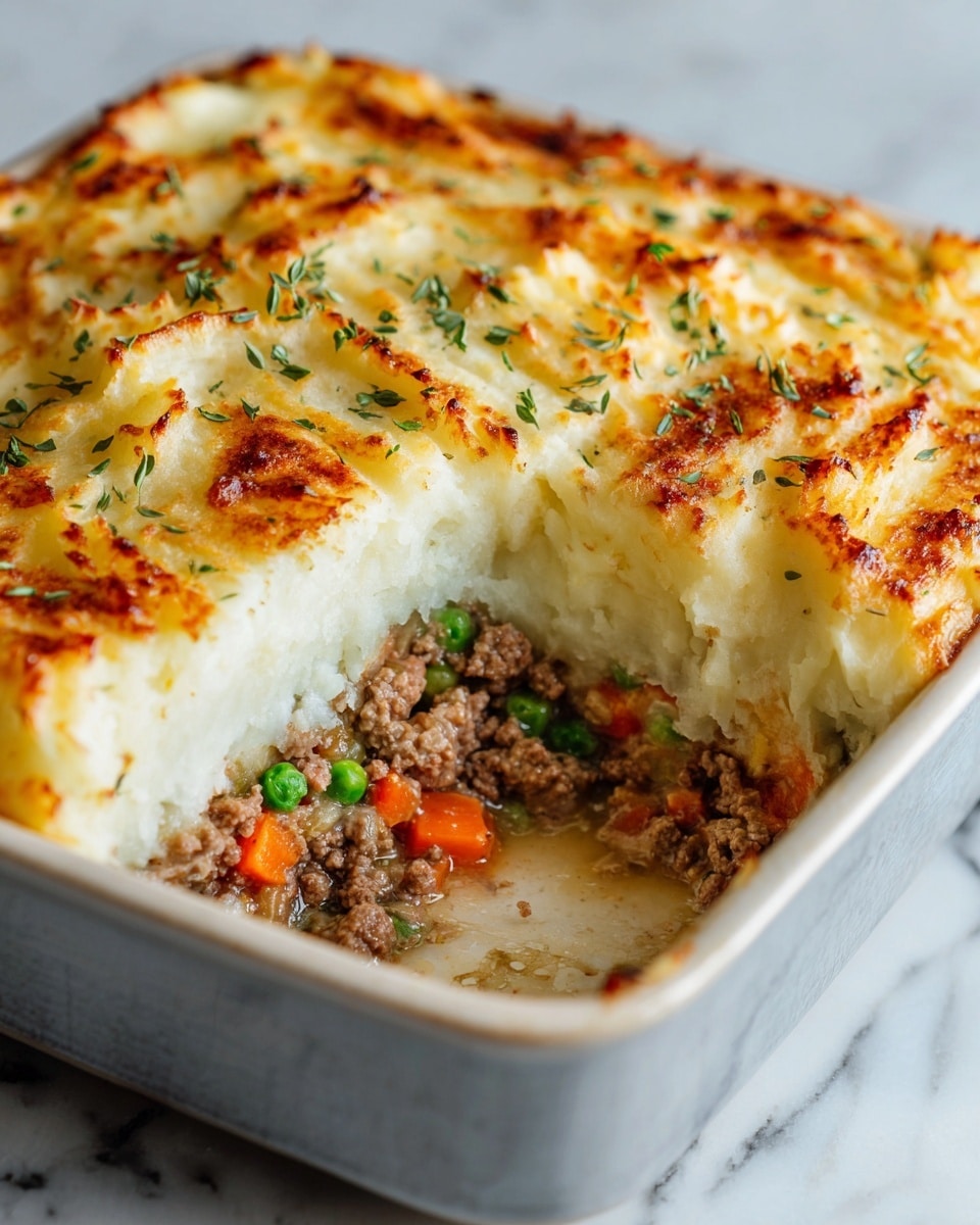 This image shows a square baking dish filled with shepherd's pie. The bottom layer is made of cooked ground meat mixed with small pieces of orange carrot and green peas. Above this is a thick layer of creamy, smooth mashed potatoes that are evenly spread and have a lightly browned, slightly crunchy top. A piece of the pie is missing, revealing the layers clearly. The dish sits on a white marbled surface. photo taken with an iphone --ar 4:5 --v 7