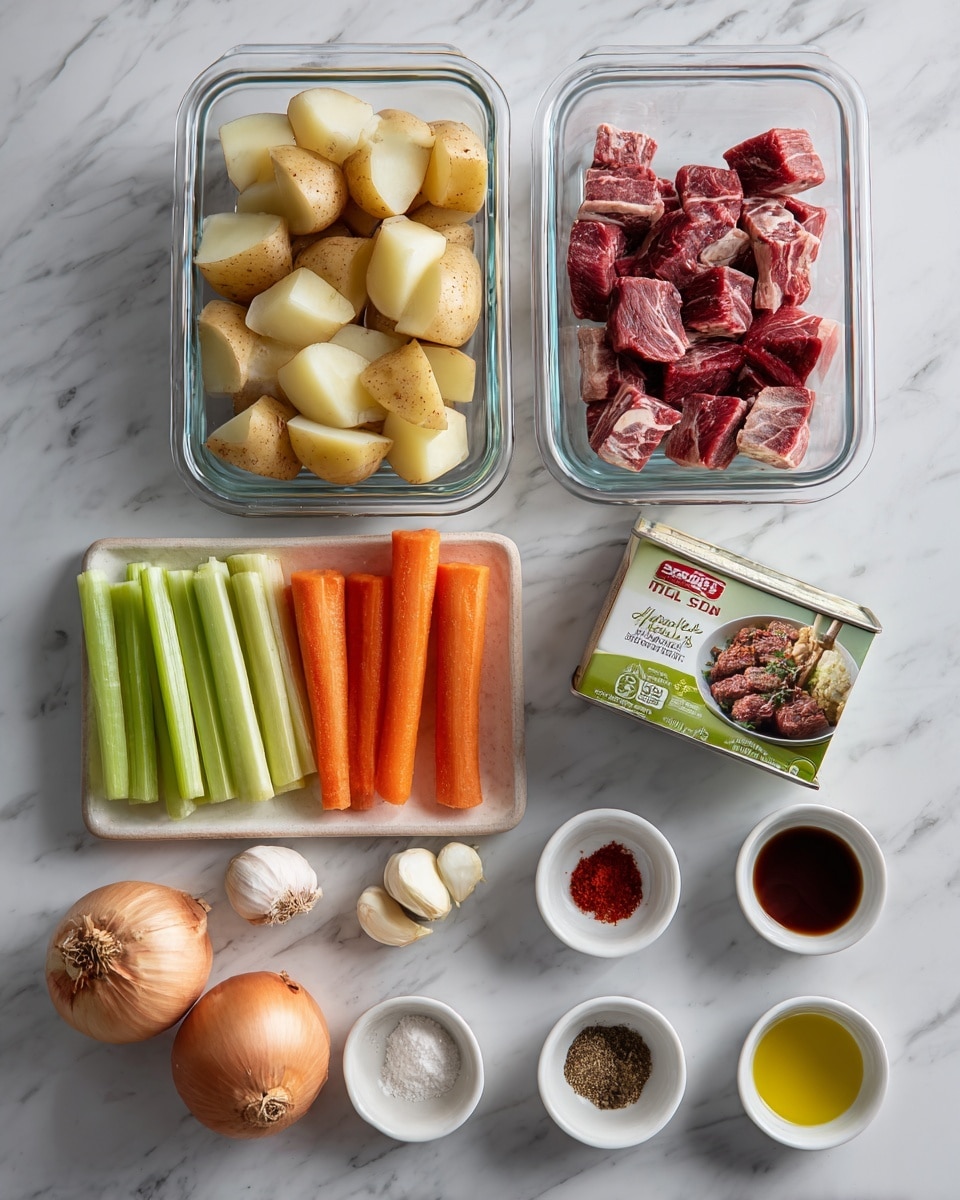 The image shows ingredients for cooking on a white marbled surface. At the top left, there is a clear rectangular glass container filled with cut light brown potatoes. Below it, another clear rectangular glass container holds small chunks of raw beef, showing red and white marbled colors. To the right of the potatoes is a red and green carton of beef stock with a picture of a beef stew on the front. On the left side of the containers, three whole orange carrots, several green celery sticks, and a light brown onion are arranged in rows. On the right side, there are five small white bowls containing different ingredients: three garlic cloves, dried spices, a light brown powder, red sliced pieces, a dark liquid, and a small amount of olive oil. The whole setup is neat and well-spaced, with natural colors standing out against the white marbled texture. photo taken with an iphone --ar 4:5 --v 7