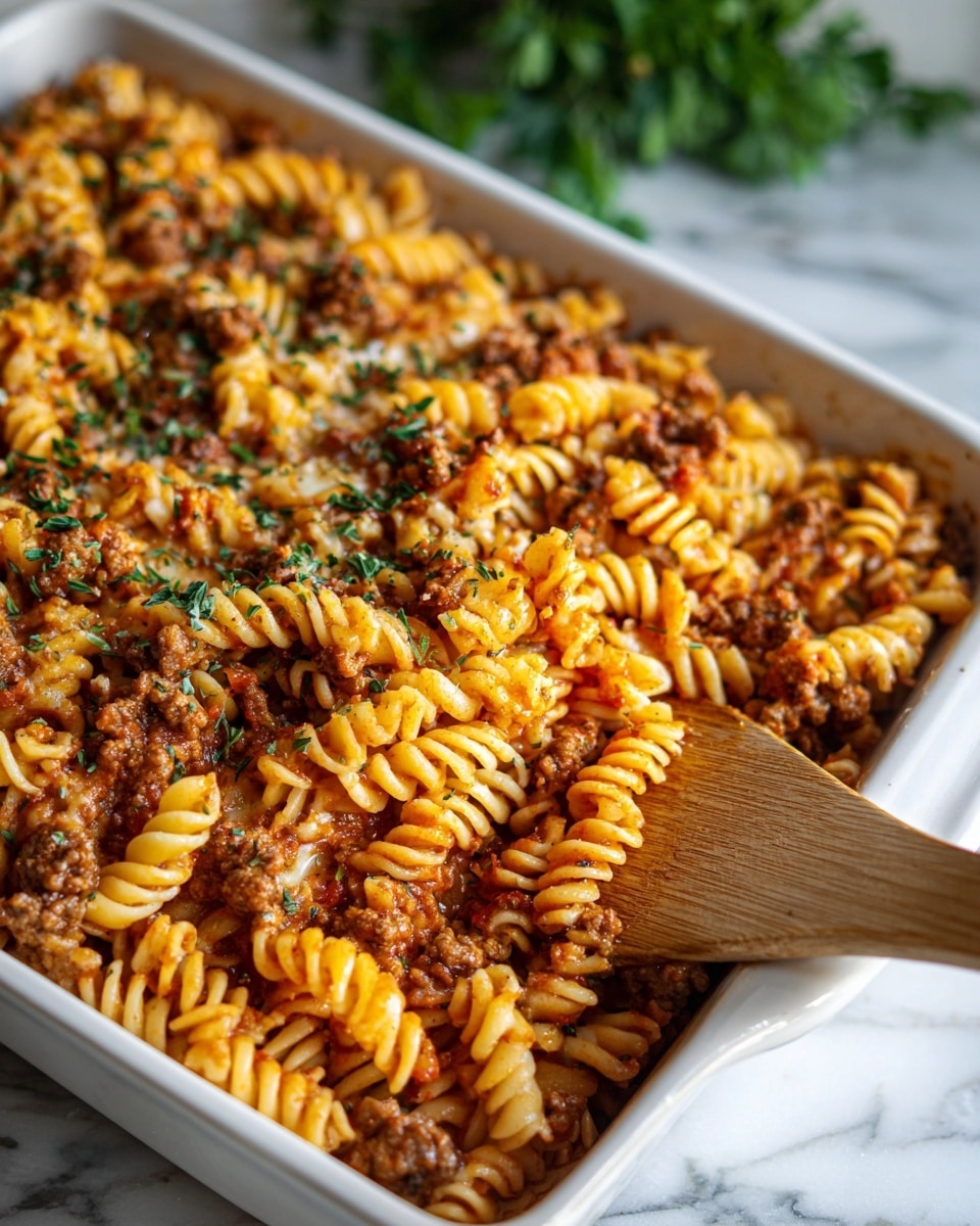 The image shows a close-up of a white rectangular baking dish filled with cooked rotini pasta mixed with a tomato-based sauce and ground meat. The pasta appears slightly soft and is mixed evenly with small pieces of browned meat. The top layer is sprinkled with dried green herbs, adding a touch of color contrast. A wooden spatula is partially inserted into the dish from the right side, lifting some pasta. The background is a white marbled surface with some blurred green leaves visible at the top. Photo taken with an iphone --ar 4:5 --v 7