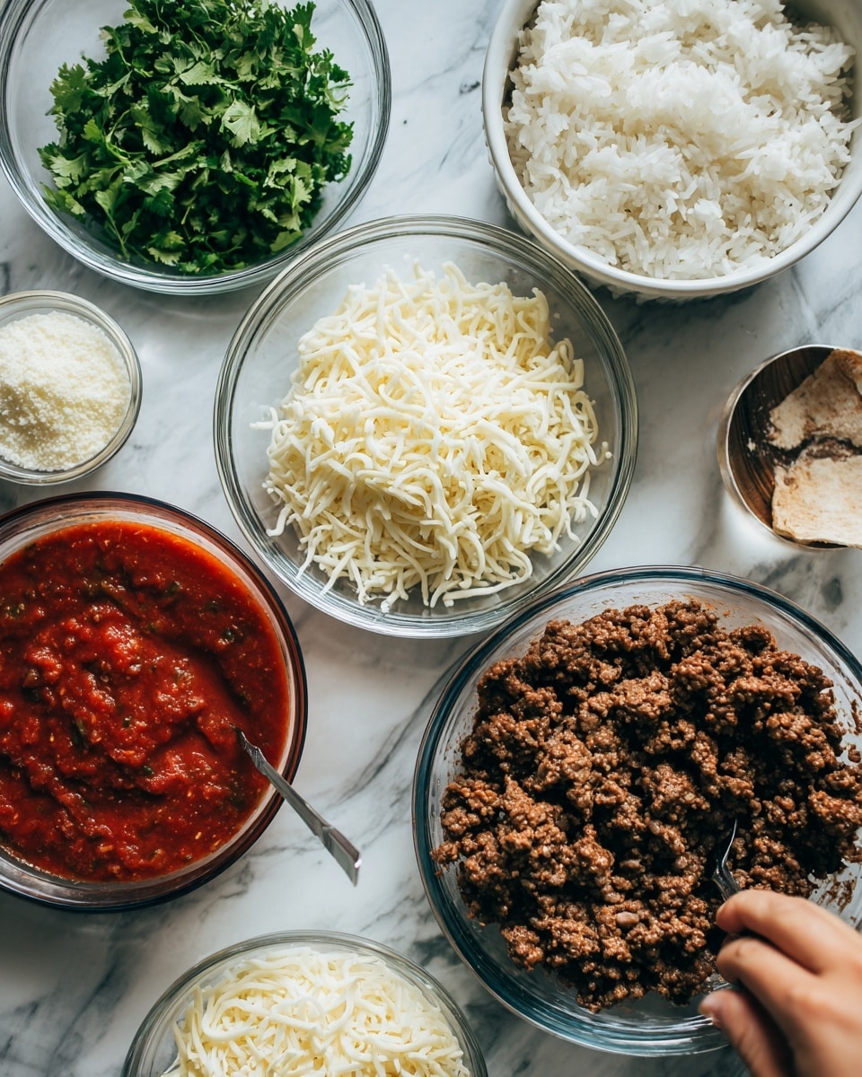 The image shows several glass bowls and a white dish arranged on a white marbled surface. One white dish holds cooked brown ground beef on the right side. Above it, a glass dish contains fluffy cooked white rice. In the center, a glass bowl is filled with shredded white cheese, and behind it, a smaller glass bowl holds fresh green chopped cilantro. To the left, a small glass bowl contains a thick red tomato sauce, and next to it is a tiny bowl with grated white cheese. A woman's hand is reaching over from the left side of the image. Photo taken with an iphone --ar 4:5 --v 7