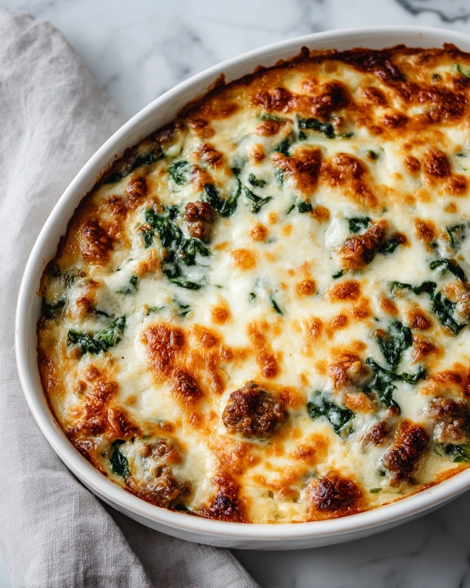 The image shows a close-up of a white ceramic baking dish filled with a baked dish that has a golden brown, bubbly cheese layer on top. The cheese topping is unevenly browned with melted white and light orange spots, revealing bits of green spinach and small chunks of browned meat underneath. The cheese looks gooey and slightly crispy at the edges. The dish is placed on a white marbled surface and is partially covered by a light gray cloth on one side. photo taken with an iphone --ar 4:5 --v 7