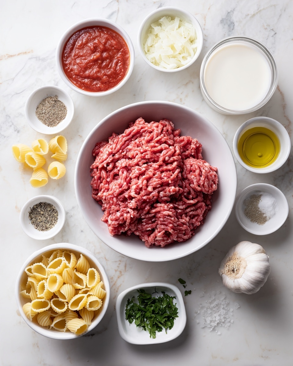 The image shows a white bowl of raw ground meat placed on a white marbled surface. Surrounding it are small white bowls with different ingredients: one filled with milk, another with chopped onions, one with tomato sauce, and a bowl holding uncooked pasta shells. There are also small white bowls with salt, some spices, olive oil, and chopped herbs. A whole garlic bulb is placed near the bottom right of the composition. The arrangement is neat, with all items visible clearly on the white marbled texture background. Photo taken with an iphone --ar 4:5 --v 7