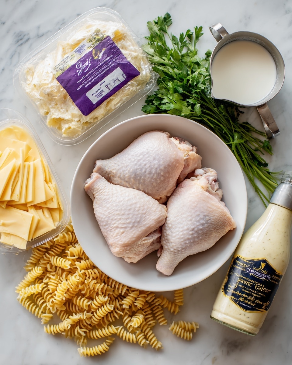The image shows two raw chicken pieces placed in a white bowl at the center on a white marbled surface. To the left of the bowl, there is a plastic container filled with thin light yellow cheese slices, a metal measuring cup filled with white milk, and a wrapped package of butter with purple writing. At the back, fresh green parsley leaves add a natural touch. Below the bowl, uncooked spiral pasta pieces are scattered loosely. To the right side, there is a bottle of creamy parmesan garlic sauce with a black label and yellow text. The scene is well lit and arranged neatly. photo taken with an iphone --ar 4:5 --v 7