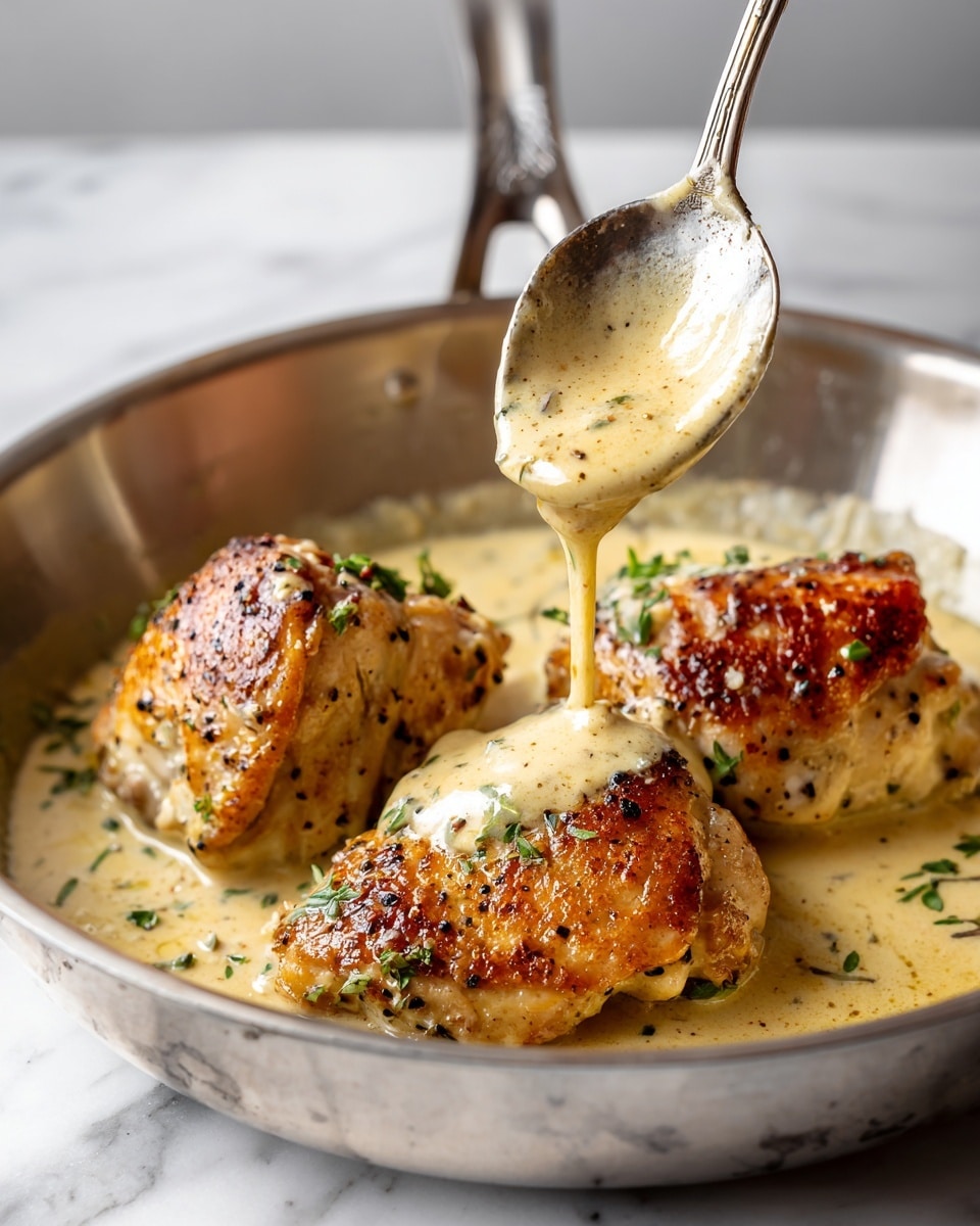 The image shows three browned cooked chicken pieces in a light brown creamy sauce inside a metal pan. A shiny silver spoon is held above one chicken piece, pouring more creamy sauce onto it, with the sauce dripping gently. Small green herb bits are scattered over the chicken and sauce, and the chicken pieces have a slightly crispy, textured surface with black pepper specks. The background is a white marbled texture. Photo taken with an iphone --ar 4:5 --v 7