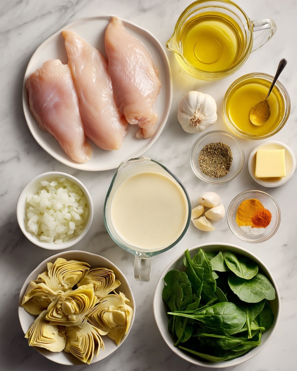 Several ingredients are arranged on a white marbled surface. On the left, a white plate holds four raw chicken fillets with a light pink color. Below that, a small bowl contains chopped white onions. To the lower left, another bowl is filled with yellow artichoke hearts. On the bottom right, a white bowl holds fresh dark green spinach leaves. Above the spinach, a clear glass measuring cup has a creamy white liquid, and just left to it, another clear glass measuring cup contains a golden broth. Above these, small dishes hold bright yellow butter, a mix of spices including black pepper, orange, and yellow powders, and a small bowl of golden oil with a white handle. There are also four peeled garlic cloves and two small orange pieces placed near the middle. Photo taken with an iphone --ar 4:5 --v 7