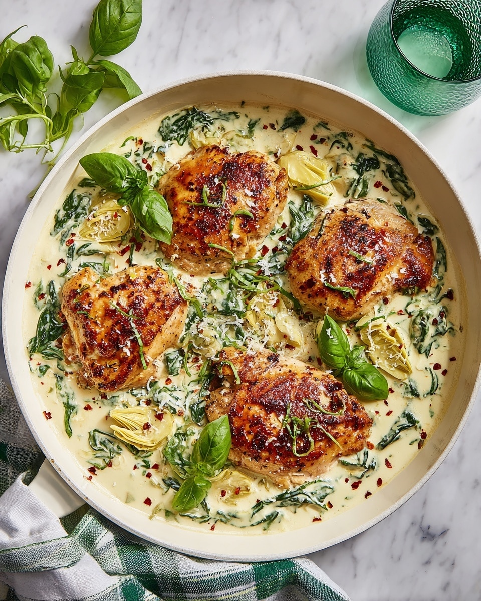 The dish shows a white pan filled with four golden-brown cooked chicken pieces partly covered with a thick creamy sauce. The sauce is off-white and mixed with bright green spinach leaves and pale yellow quartered artichoke hearts. The chicken pieces are arranged in a rough circle in the pan, and fresh green basil leaves are scattered on top. There is also a sprinkle of finely grated cheese and red chili flakes adding small dots of red. The pan sits on a soft green and white striped cloth, with a green drink glass nearby, all on a white marbled surface. Photo taken with an iphone --ar 4:5 --v 7