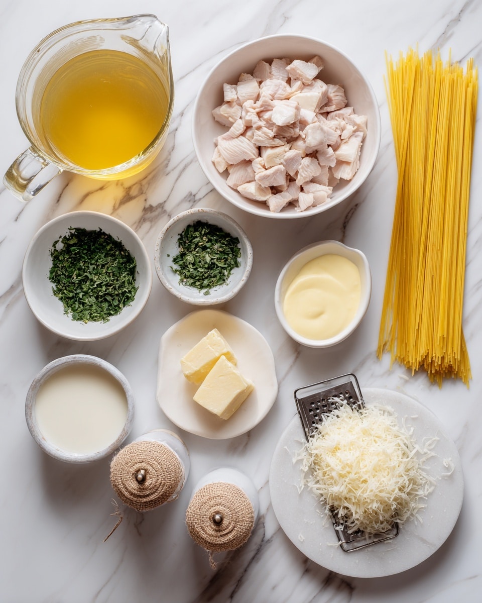 The image shows raw ingredients neatly arranged on a white marbled surface. There is a large clear measuring jug filled with golden broth at the bottom left. Next to it is a small white bowl with a rich green chopped herb. Above that, a medium white bowl holds pale, cubed cooked chicken. To the right, uncooked yellow spaghetti lies flat and straight, taking up a good part of the image. Near the top right, a white plate holds a pile of finely grated white cheese with a metal grater resting on it. Smaller white bowls with creamy butter, a pale yellow paste, and milk are scattered around. Two glass shakers wrapped with rustic wicker hold salt and pepper. The arrangement is clean and bright, with textures from the pasta, cheese, chicken, and liquids all clearly visible. Photo taken with an iphone --ar 4:5 --v 7