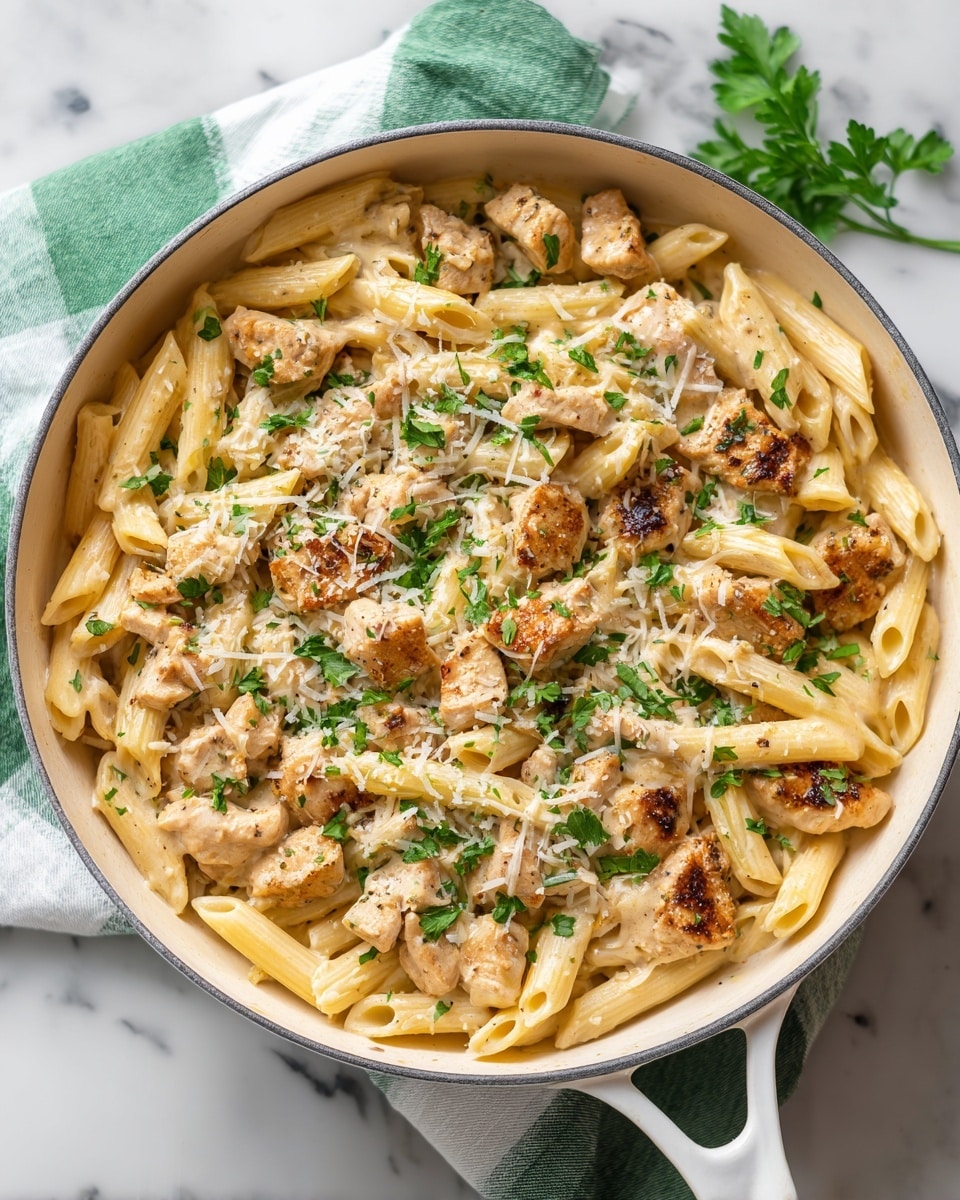 A white pan holds a creamy pasta dish composed of three distinct layers. The bottom layer is penne pasta in a pale yellow color, evenly coated in a smooth, light cream sauce. On top are browned pieces of chicken with a slightly golden, tender texture. The dish is sprinkled with finely grated Parmesan cheese and chopped fresh green parsley leaves, adding small colorful highlights. The pan is set on a green-and-white striped cloth over a white marbled surface. photo taken with an iphone --ar 4:5 --v 7