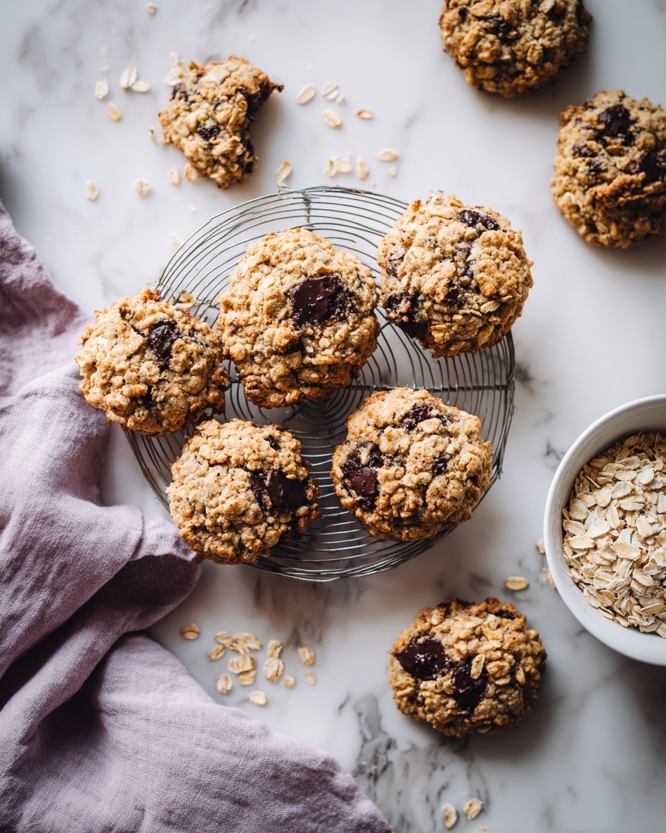 Several oatmeal cookies with dark chocolate spots are placed on a silver cooling rack sitting on a white marbled surface. Around them, more oatmeal cookies with uneven, rough texture and visible oats are scattered directly on the white marbled surface. To the right, there is a white bowl filled with dry oats. A light purple cloth peeks from the bottom left corner. The scene looks bright and clean with soft natural light, photo taken with an iphone --ar 4:5 --v 7