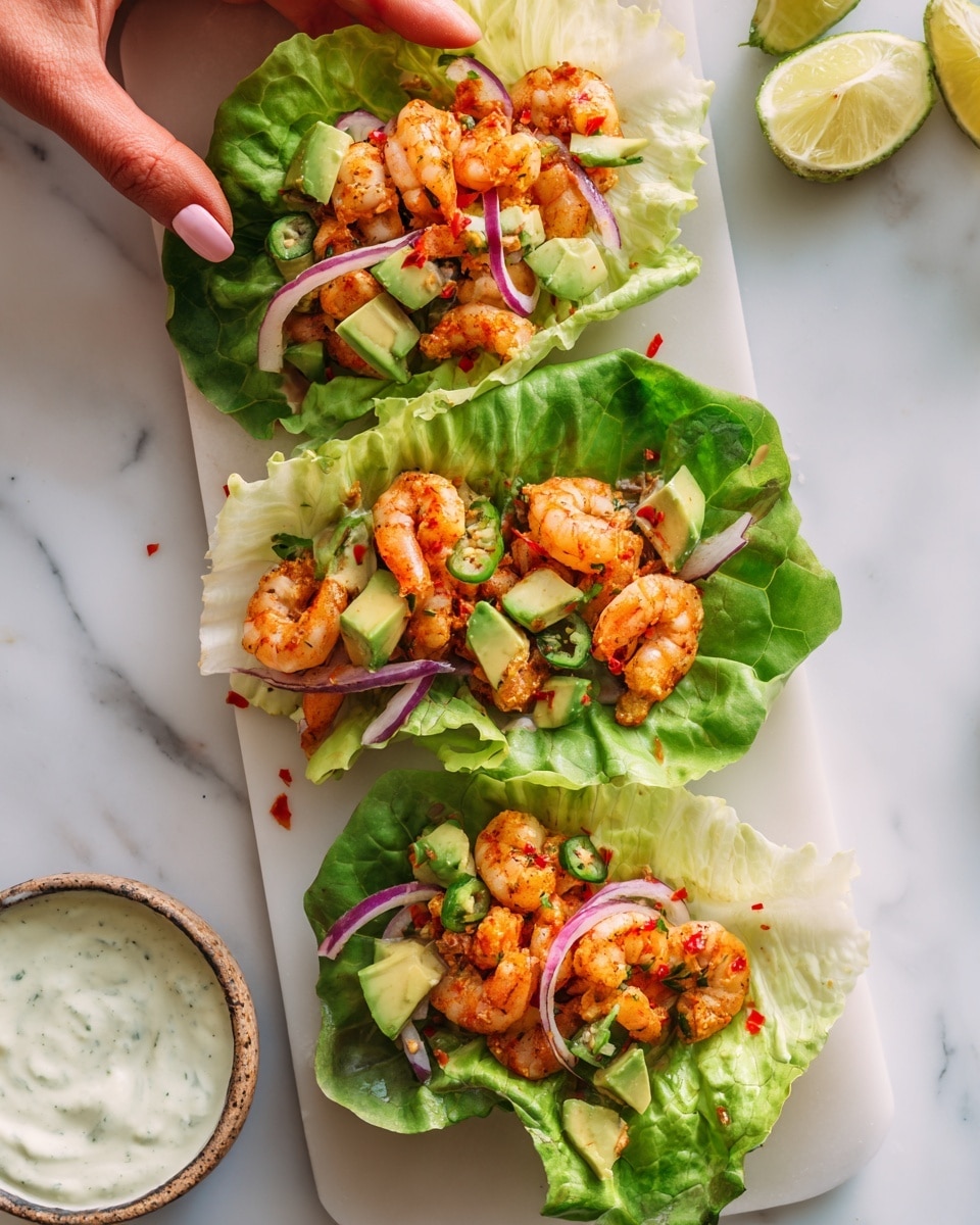 The image shows three lettuce wraps placed side by side on a white marble surface. Each wrap has layers of green lettuce leaves forming the base, topped with a mix of small cooked shrimp that are light orange in color, sliced red onion rings, and thin slices of green avocado. There are small red chili pieces scattered on top for a pop of color. A small round bowl with creamy white sauce sits near the bottom edge of the white marble surface next to the wraps. A woman's hand is holding one of the lettuce wraps near the top left corner. photo taken with an iphone --ar 4:5 --v 7
