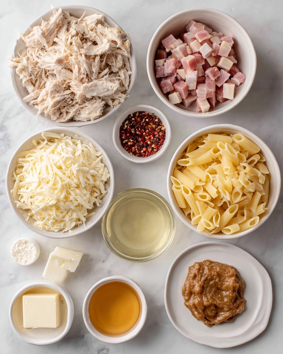 The image shows several white bowls on a white marbled surface, each holding different ingredients. One bowl has shredded cooked chicken in light beige color, another contains pink diced ham cubes, and a third holds shredded cheese in pale yellow and white shades. There is a bowl with cooked pasta in light yellow. Small white bowls contain seasonings with some red pepper flakes, white granulated salt, and cream cheese in a square shape. Next to them are small amounts of clear liquid, light amber liquid, and a brown mustard-like paste arranged neatly on the surface, along with a large empty white plate. The photo was taken with an iphone --ar 4:5 --v 7