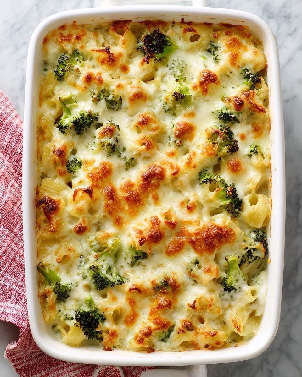 The image shows a white baking dish with a cheesy broccoli pasta bake. The dish has three visible layers: the bottom layer is filled with short pasta covered in pieces of green broccoli, the middle layer is creamy white sauce, and the top layer is golden-brown melted cheese with some light brown spots. The cheese layer looks bubbly and slightly crispy, covering the broccoli and pasta evenly. The dish is placed on a white marbled surface with a hint of a red and white checkered cloth on the left side. Photo taken with an iphone --ar 4:5 --v 7