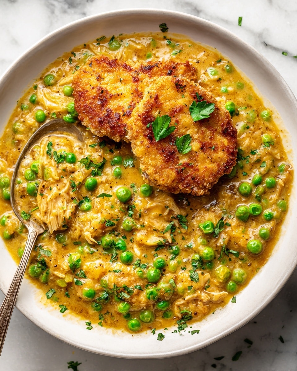 The image shows a white plate filled with a thick yellowish sauce mixed with green peas and shredded pieces of light-colored chicken. On top, there are two golden brown fried pieces placed next to each other with a few green herb leaves scattered for garnish. A spoon is partially placed on the plate, slightly dipping into the sauce. The plate sits on a white marbled surface. photo taken with an iphone --ar 4:5 --v 7