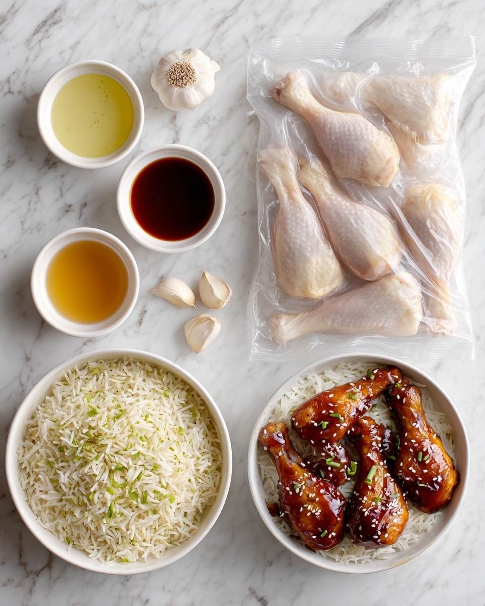 The image is divided into four parts, showing different food items. The top right shows several raw chicken drumsticks in a clear plastic bag on a white marbled surface. The top left shows three small white bowls containing light yellow creamy sauce, reddish sauce, and dark soy sauce, accompanied by two cloves of garlic. The bottom left shows a white bowl filled with fried rice mixed with small green herbs. The bottom right shows cooked chicken drumsticks glazed with a dark sauce on white rice, sprinkled with white sesame seeds and garnished with small green herbs, all placed on a white marbled surface. photo taken with an iphone --ar 4:5 --v 7