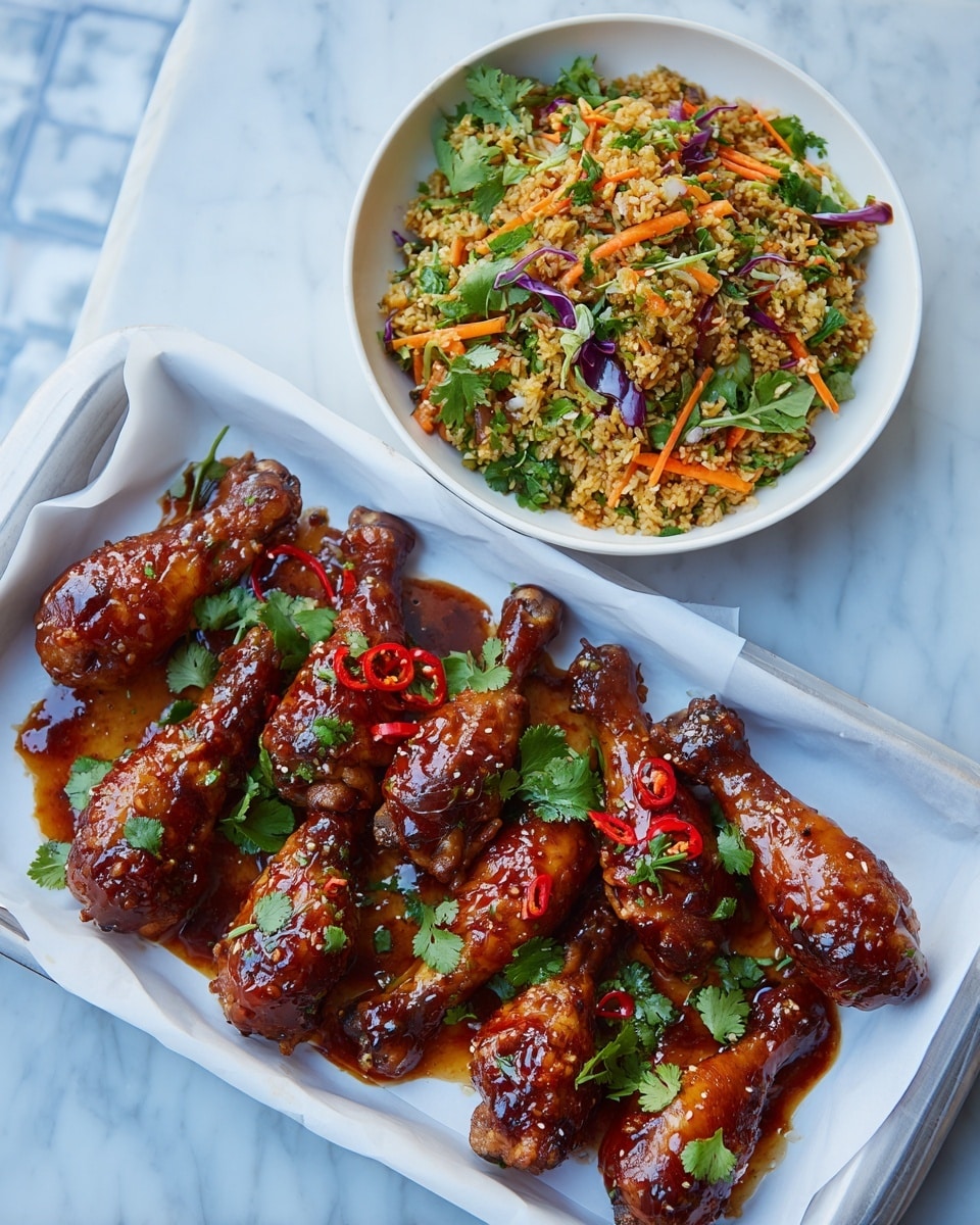 There is a white tray lined with white paper holding eight glossy, brown chicken drumsticks covered in a shiny sauce. The drumsticks are decorated with small green cilantro leaves and thin red chili slices, with some sauce pooling around them. To the right of the tray, a white bowl filled with a colorful mix of fried rice sits, showing layers of light brown rice, shredded orange carrots, green leafy vegetables, and pieces of purple cabbage. The entire setup is placed on a white marbled surface with a light blue background visible. Photo taken with an iphone --ar 4:5 --v 7