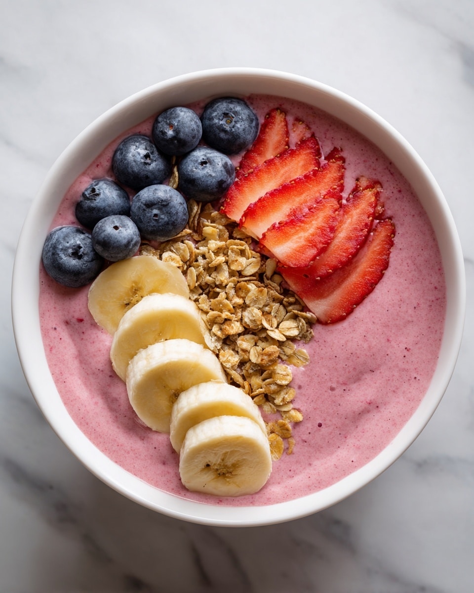 A white bowl filled with a thick smooth pink berry smoothie as the main layer. On top of the smoothie, along the edge of the bowl, are four different toppings: fresh blueberries on the left side, thinly sliced banana pieces lined up along the bottom, a cluster of granola with light brown oats on the right, and three fanned slices of bright red strawberries above the granola. The bowl sits on a white marbled surface. photo taken with an iphone --ar 4:5 --v 7