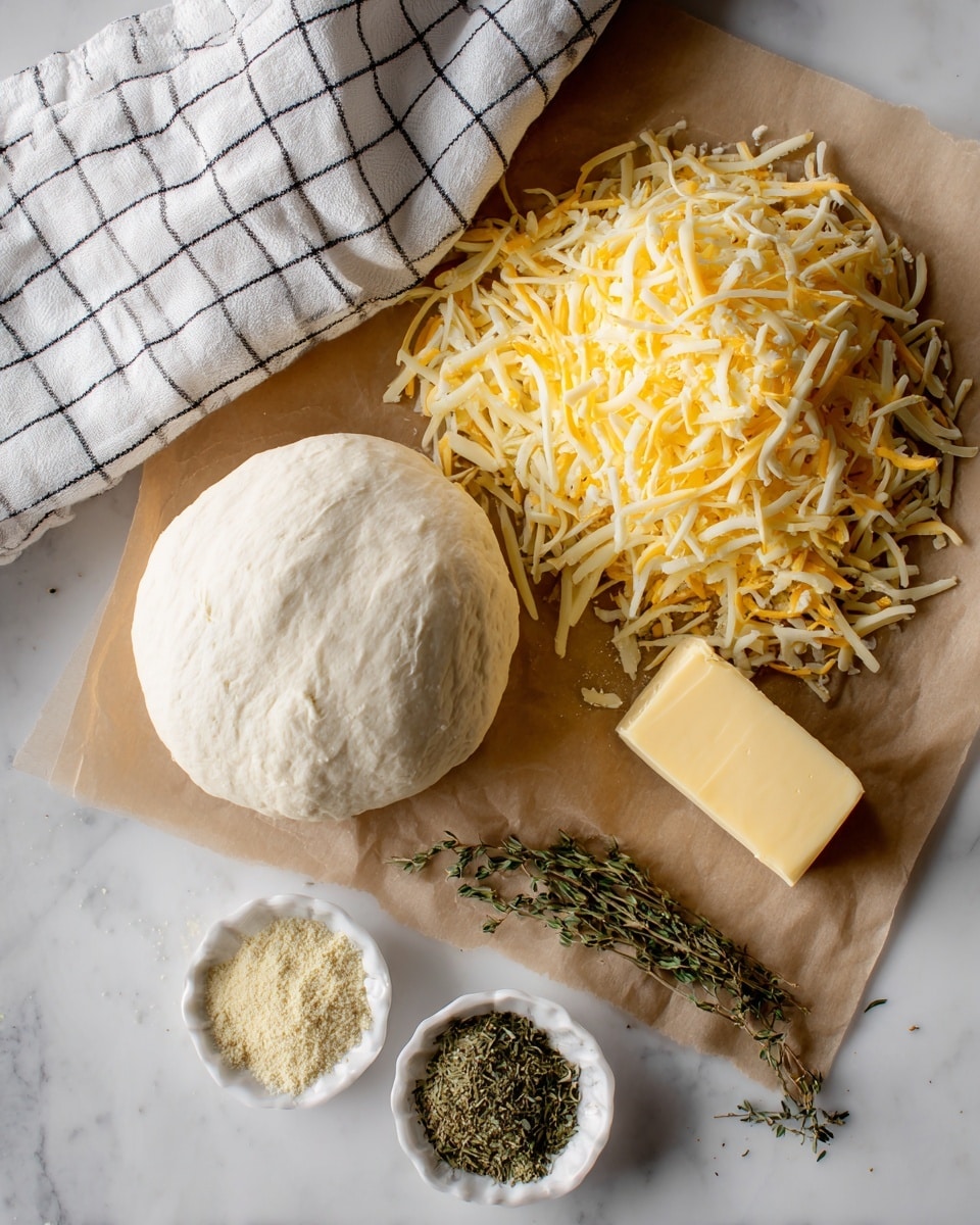 The image shows a white ball of dough on brown parchment paper next to a large pile of shredded yellow cheese. To the right of the cheese is a stick of butter. Below the parchment is a small white dish holding three small piles of spices: dried green herbs, a light yellow powder, and a fine beige powder. In the top left corner, there is a piece of white and black checkered cloth, all on a white marbled surface. Photo taken with an iphone --ar 4:5 --v 7