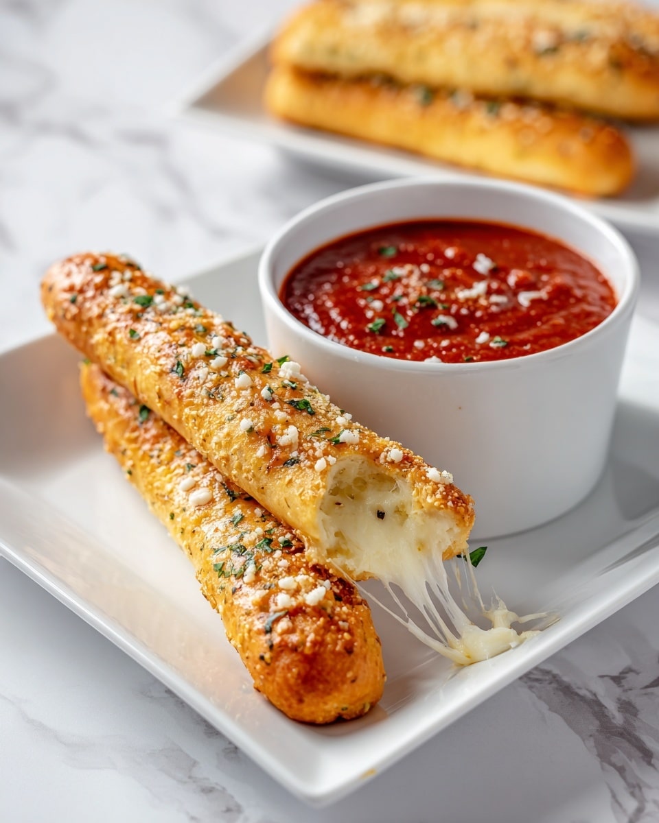 On a white square plate with rounded edges, there are two golden brown bread sticks sprinkled with small bits of green herbs and white cheese on top. One bread stick is whole, while the other is broken open to show melted white cheese stretching between the pieces. To the right of the bread sticks, there is a white bowl filled with thick, rich red marinara sauce. The plate sits on a white marbled surface, and the background is softly blurred with more bread sticks visible. Photo taken with an iphone --ar 4:5 --v 7